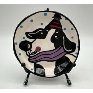 Signed BLOOM Art Pottery Birthday Puppy Dog Trinket Dish 3.5”